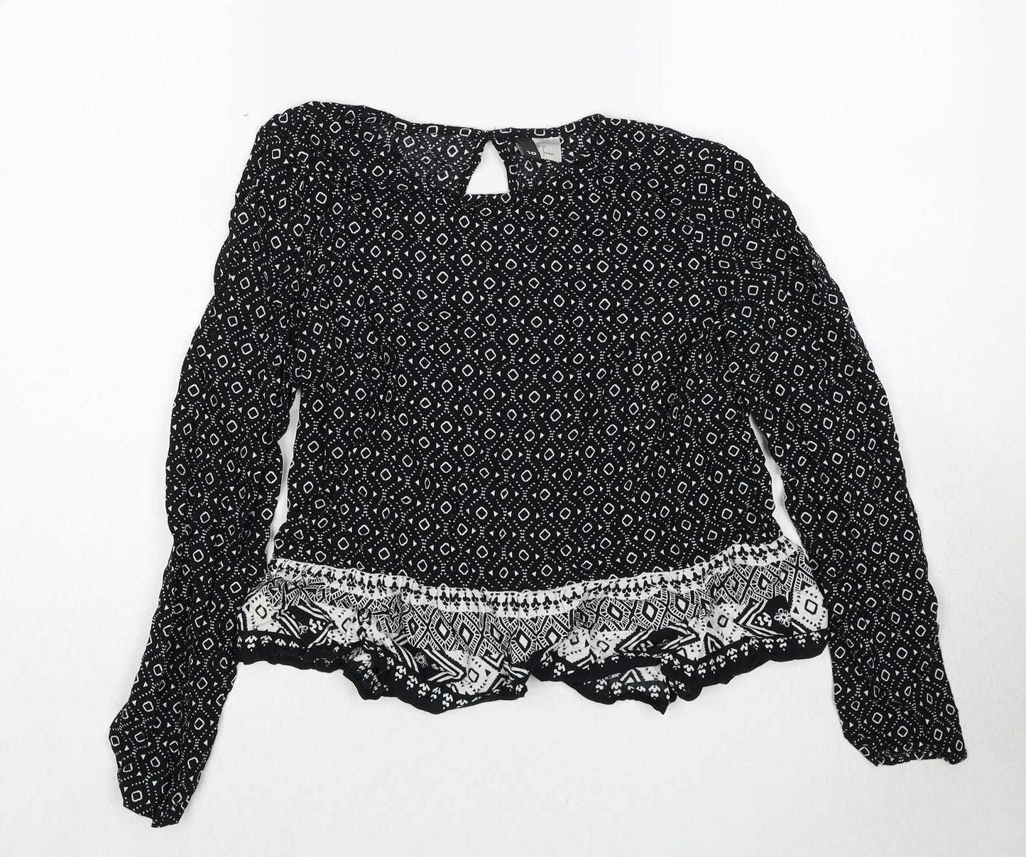 H&M Womens Black Geometric Viscose Basic Blouse Size 10 Round Neck