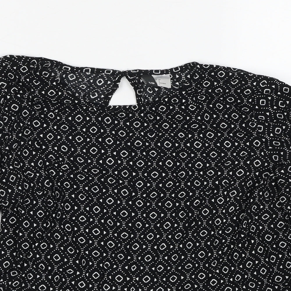 H&M Womens Black Geometric Viscose Basic Blouse Size 10 Round Neck