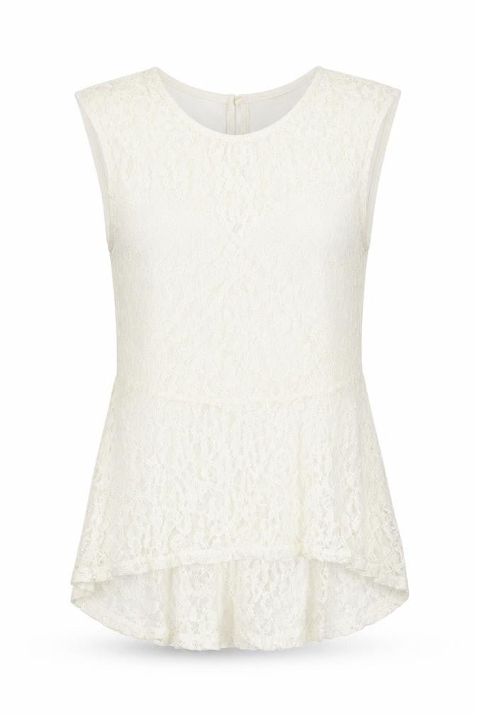 Front view of Miss Selfridge women’s ivory nylon basic tank, size UK 6, round neck
