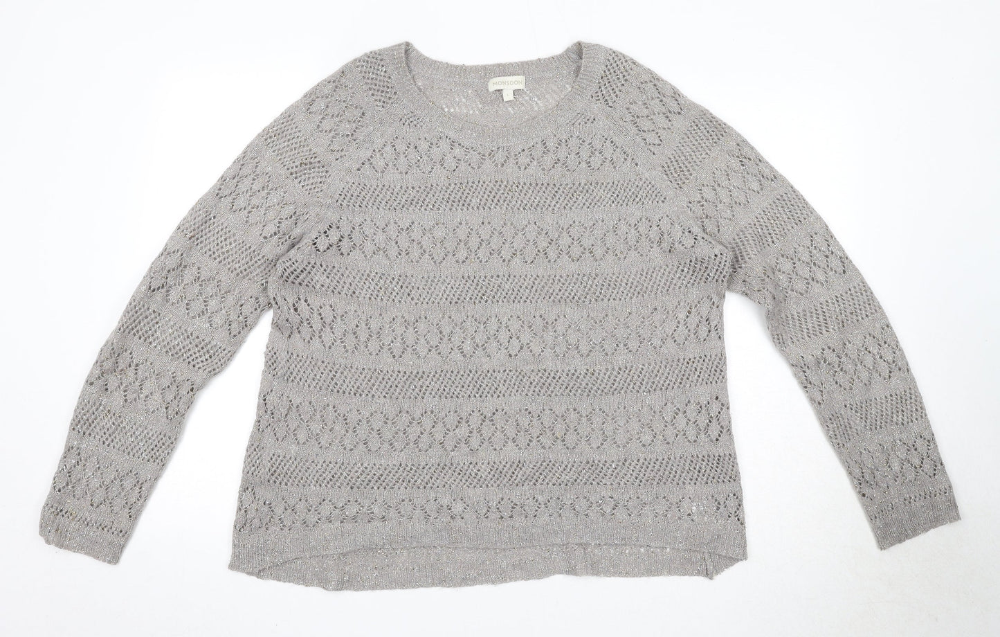 Monsoon Womens Grey Round Neck Geometric Acrylic Pullover Jumper Size L