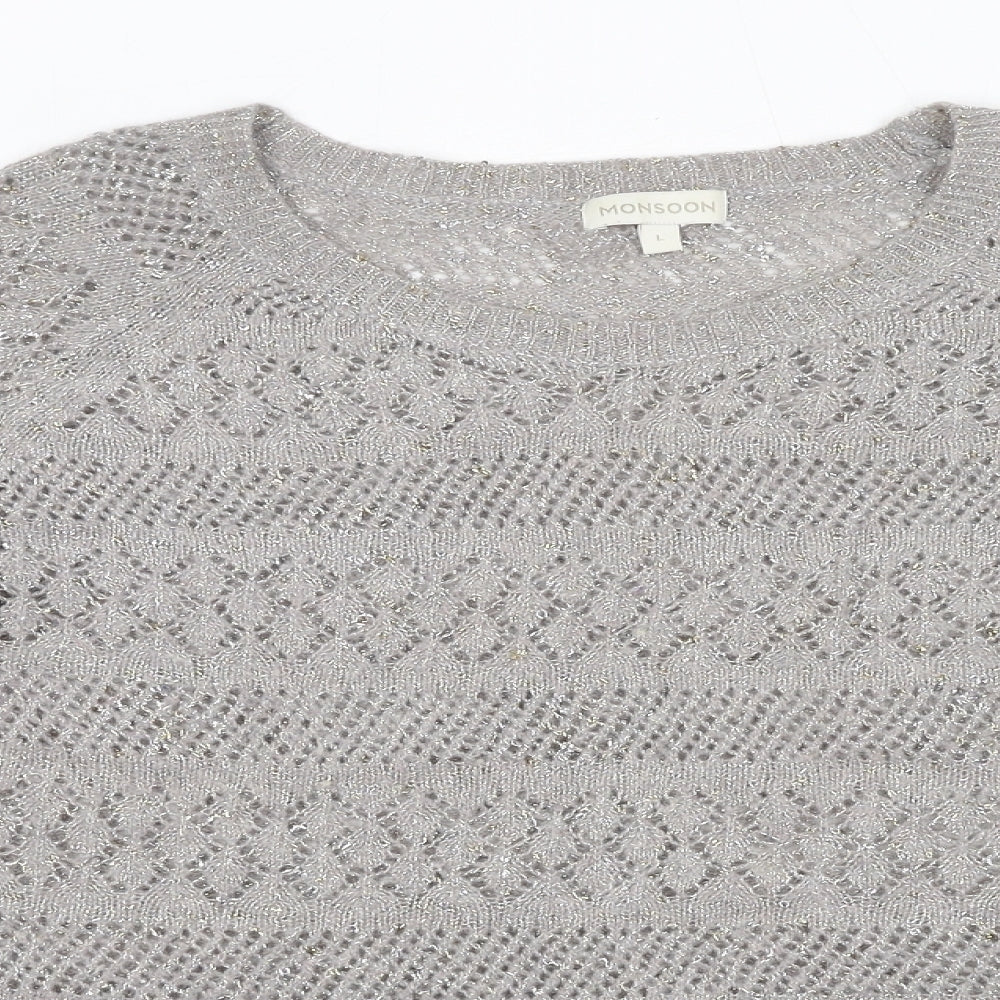Monsoon Womens Grey Round Neck Geometric Acrylic Pullover Jumper Size L