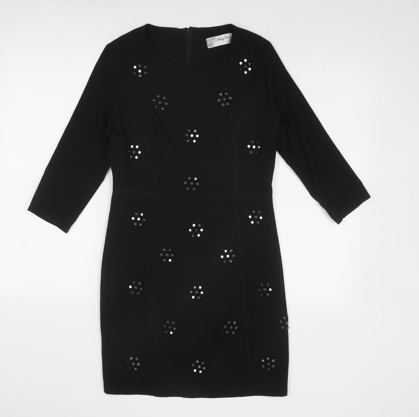Voulez-Vous Womens Black Geometric Polyester A-Line Size 10 Round Neck Zip