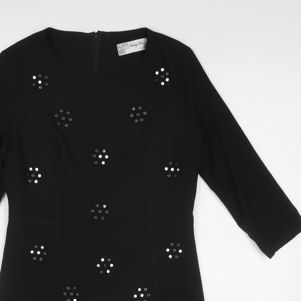 Voulez-Vous Womens Black Geometric Polyester A-Line Size 10 Round Neck Zip