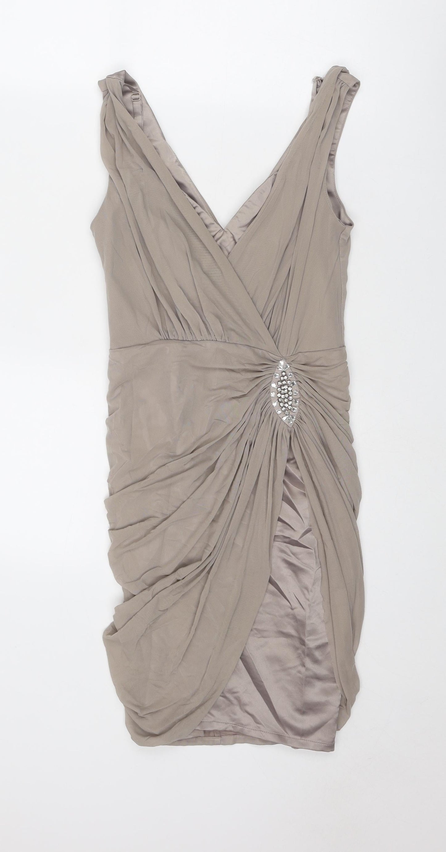 Lipsy Womens Beige Polyamide Slip Dress Size 8 V-Neck Zip
