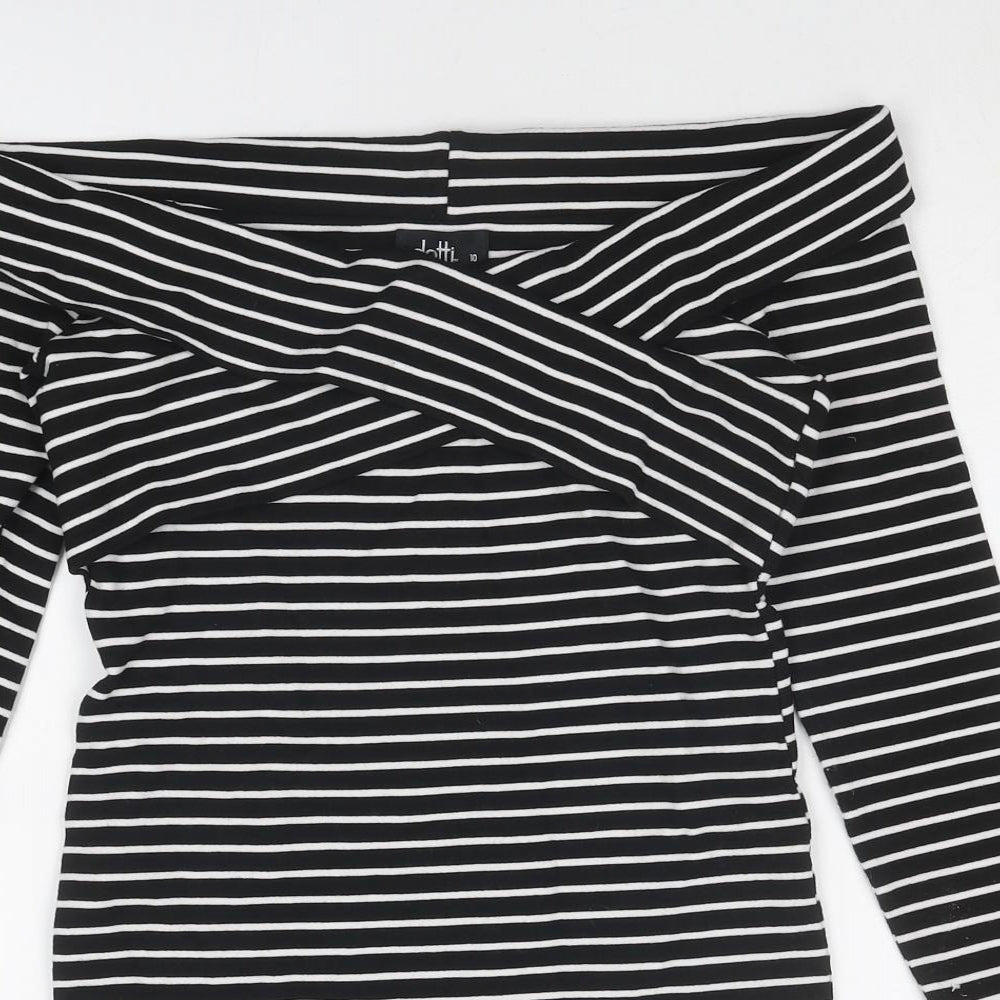 Dotti Womens Black Striped Viscose Bodycon Size 10 Off the Shoulder Pullover