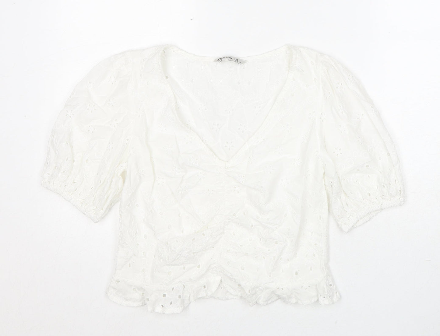 Stradivarius Womens White Cotton Cropped Blouse Size S V-Neck