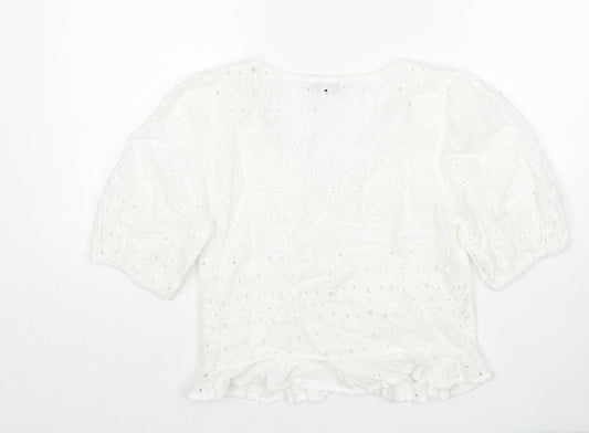 Stradivarius Womens White Cotton Cropped Blouse Size S V-Neck