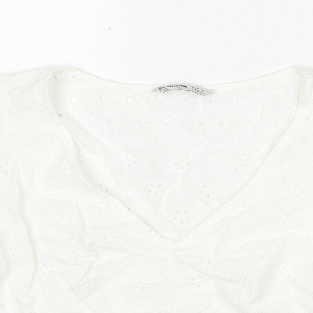 Stradivarius Womens White Cotton Cropped Blouse Size S V-Neck