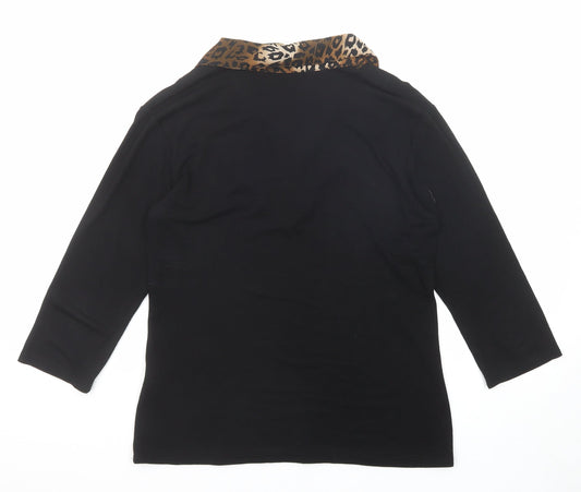 Two Tone Womens Black Viscose Basic Blouse Size 12 Collared - Leopard Print Detail