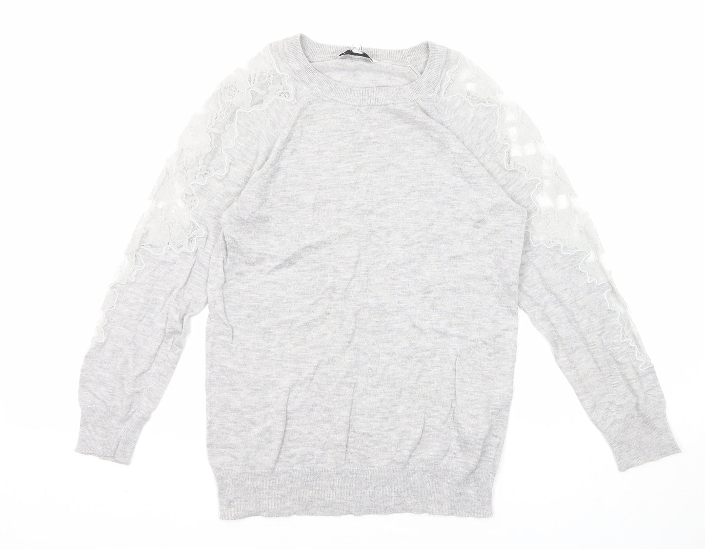 Warehouse Womens Grey Round Neck Polyamide Pullover Jumper Size 8 - Lace Details
