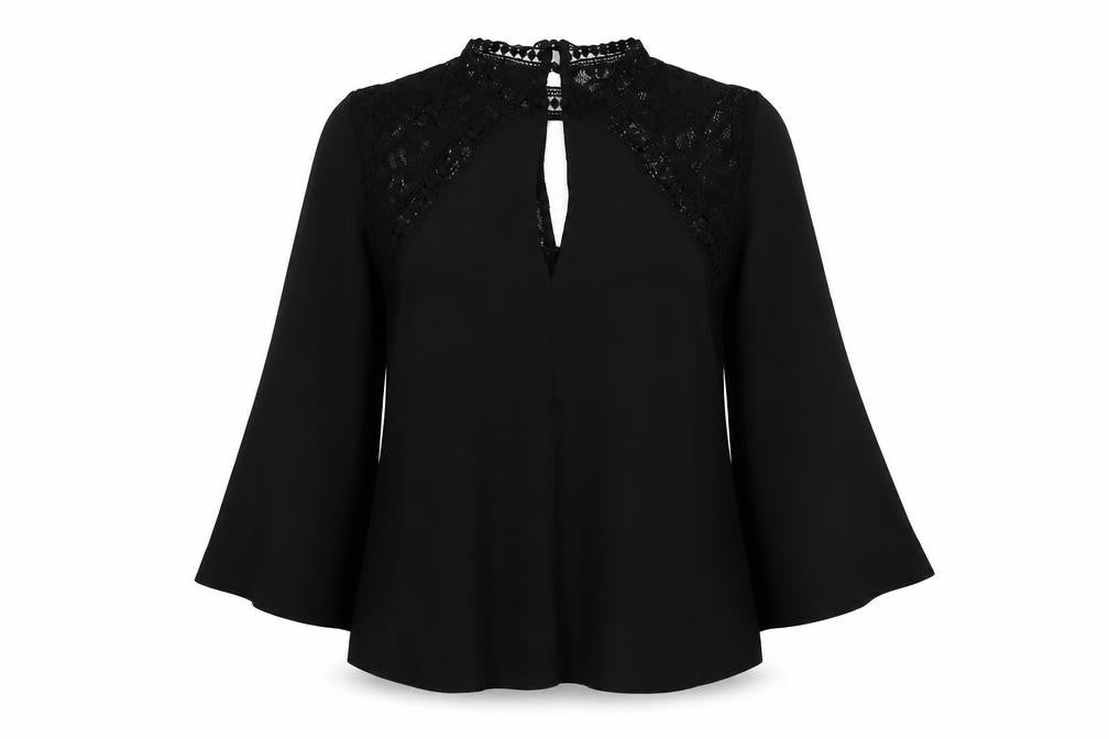 Front view of Miss Selfridge women’s black polyester basic blouse, size UK 10, v-neck - flute sleeve lace detail