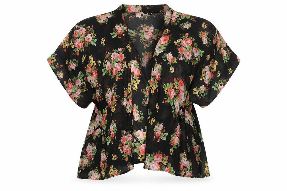 Front view of New Look girls’ black floral polyester kimono blouse, size M, v-neck