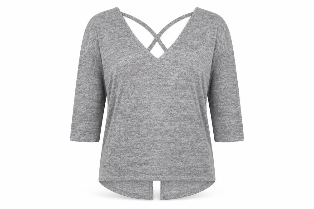 Front view of Miss Selfridge women’s grey polyester basic t-shirt, size UK 8, v-neck