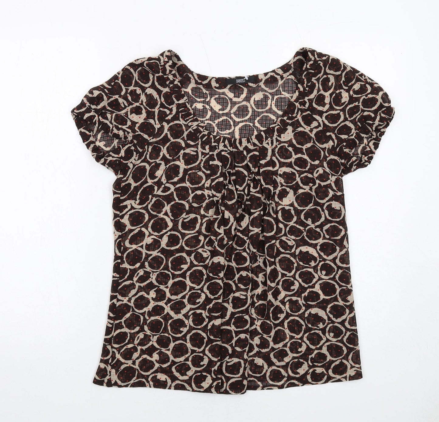 Marks and Spencer Womens Brown Geometric Polyester Basic Blouse Size 8 Scoop Neck - Front Pleat Detail