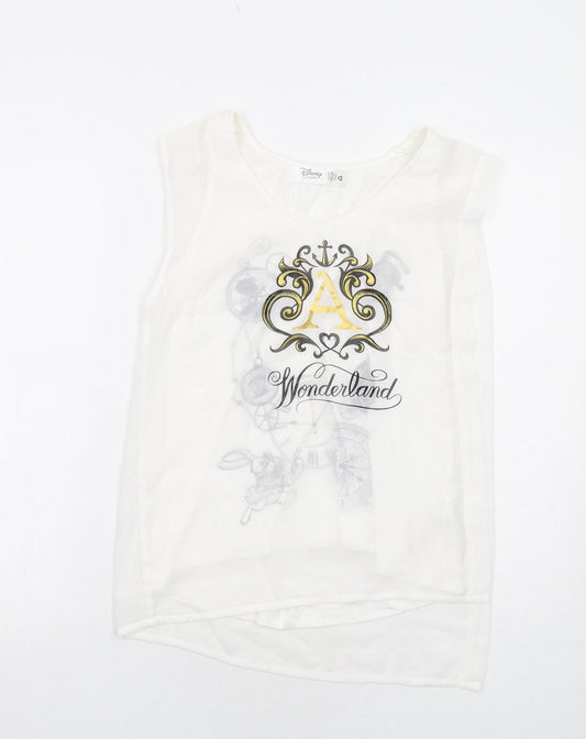 Disney Womens White Polyester Basic Blouse Size S Boat Neck - Alice in Wonderland