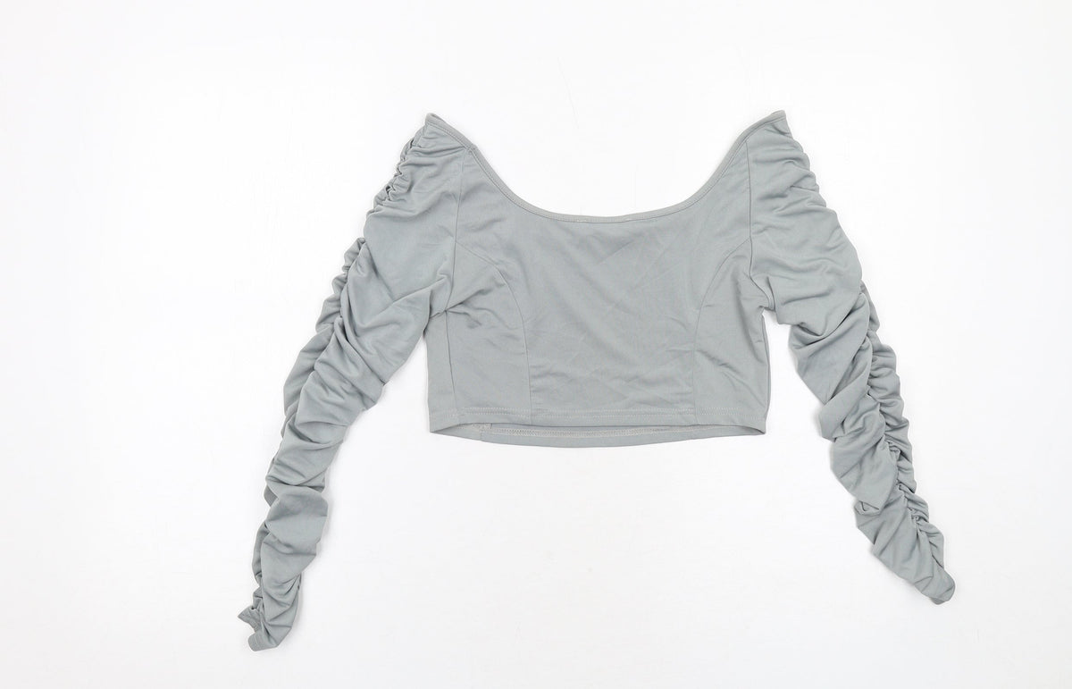 Misspap Womens Grey Polyester Cropped Blouse Size 12 Boat Neck