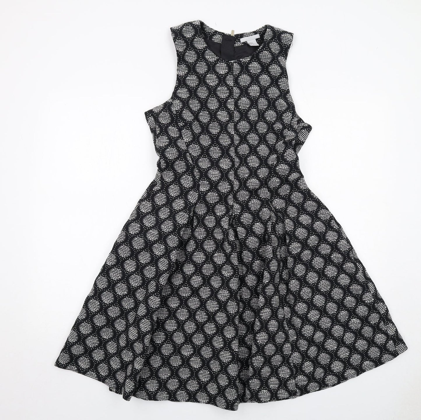 H&M Womens Black Geometric Cotton Trapeze & Swing Size 10 Round Neck Zip