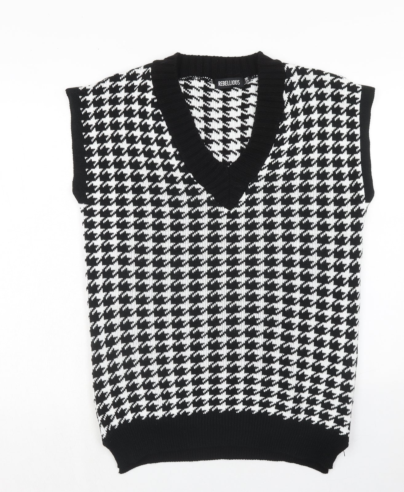 Rebellious Womens Black V-Neck Geometric Acrylic Pullover Jumper Size S