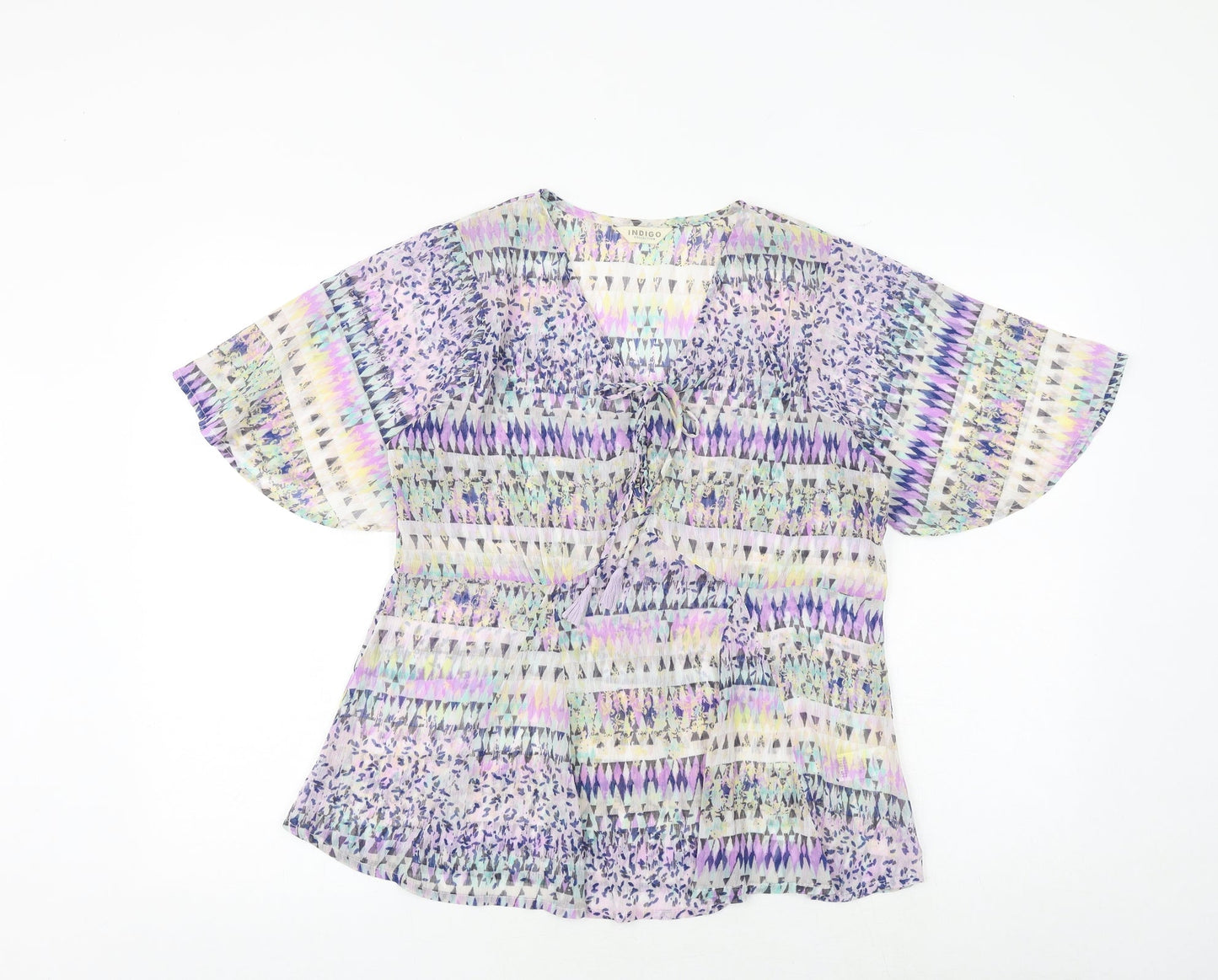 Marks and Spencer Womens Multicoloured Geometric Polyester Basic Blouse Size 10 V-Neck - Angel Sleeve