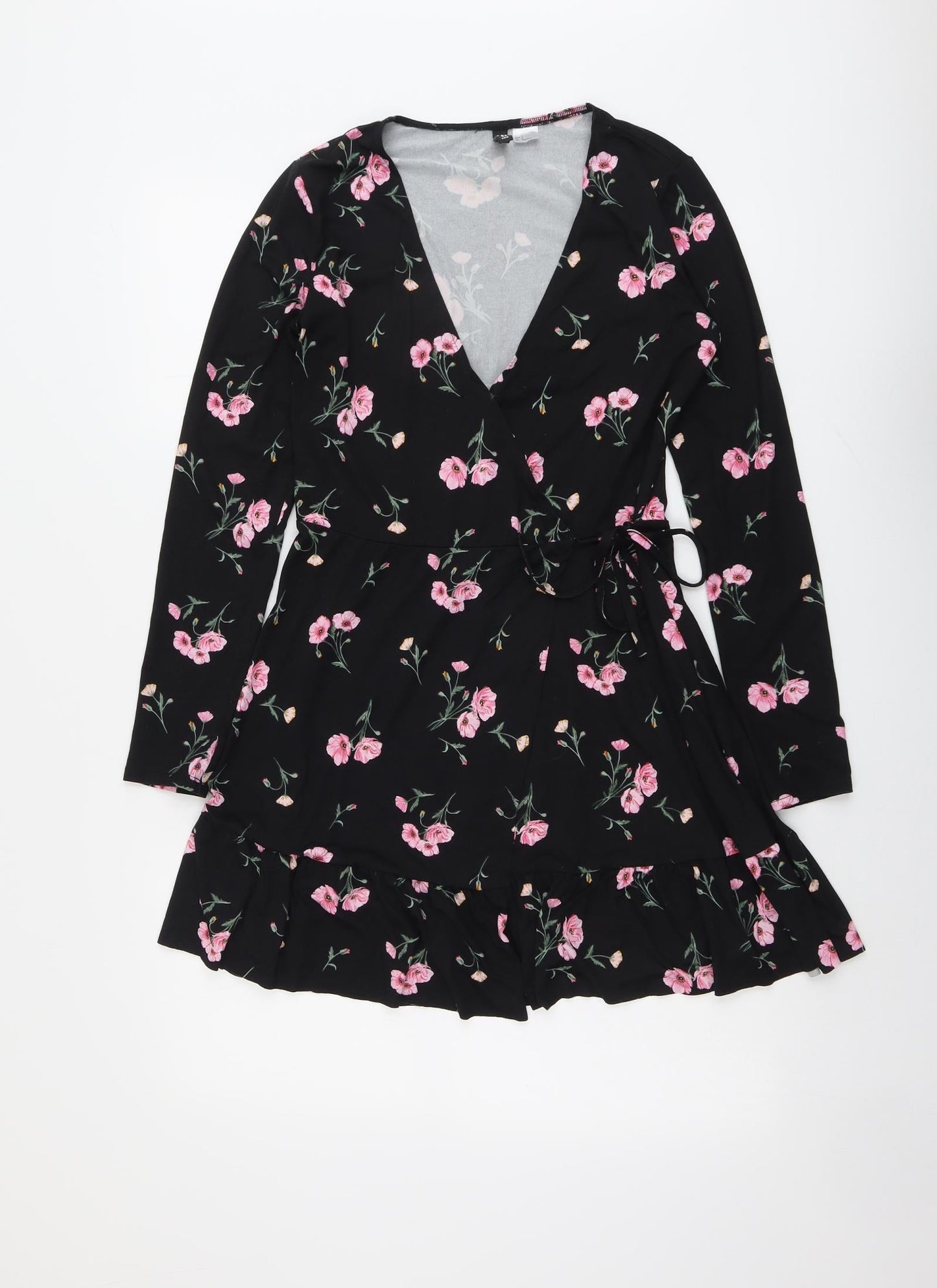 H&M Womens Black Floral Polyester A-Line Size S V-Neck Tie
