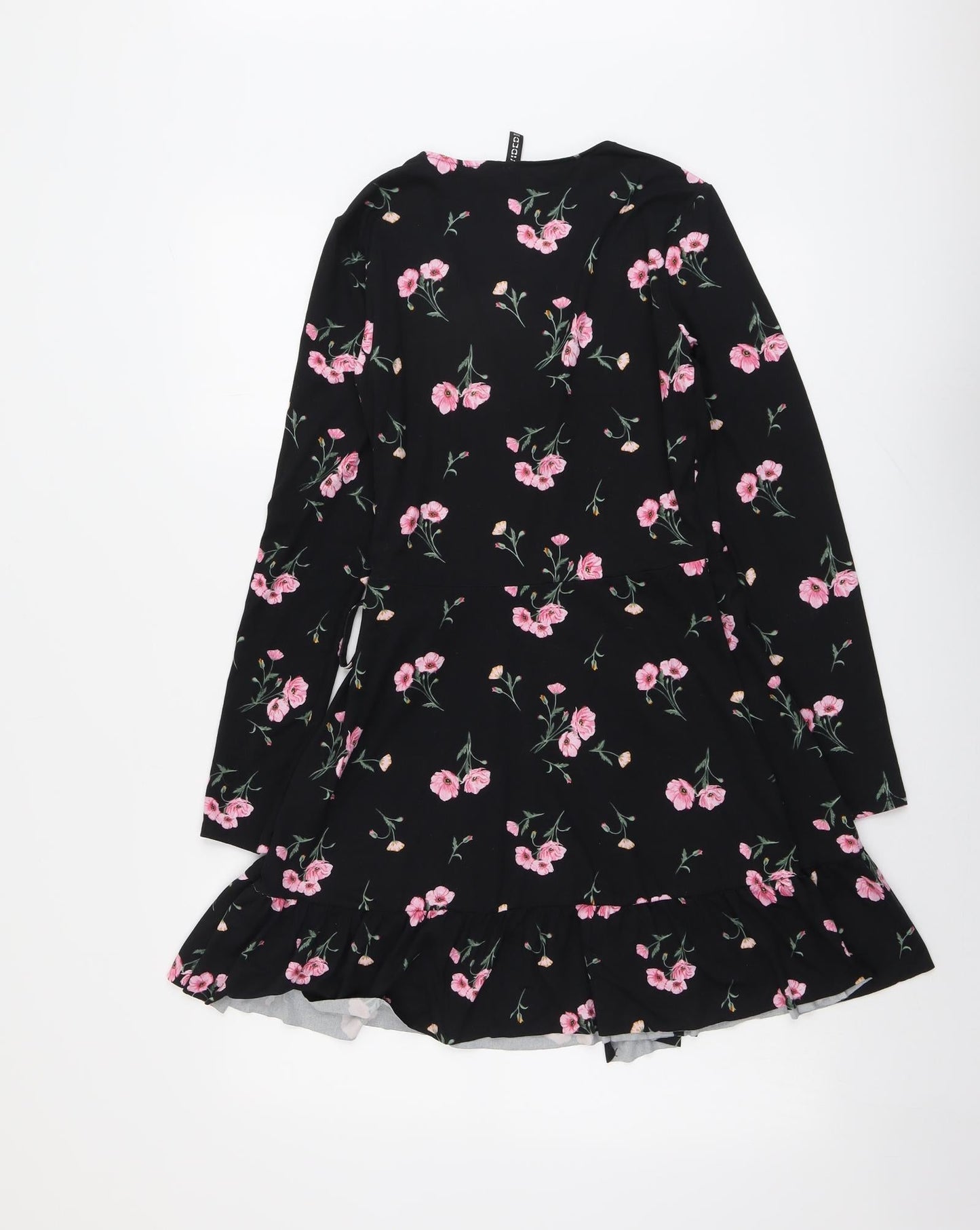 H&M Womens Black Floral Polyester A-Line Size S V-Neck Tie