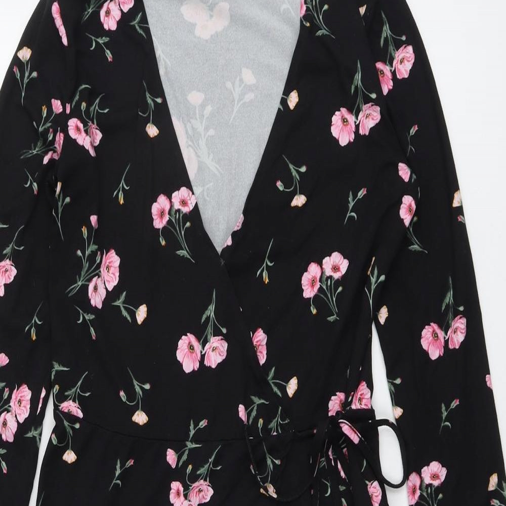H&M Womens Black Floral Polyester A-Line Size S V-Neck Tie