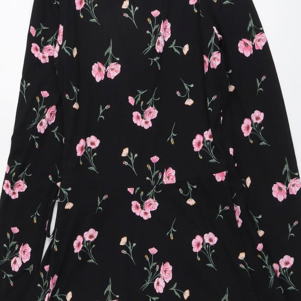 H&M Womens Black Floral Polyester A-Line Size S V-Neck Tie