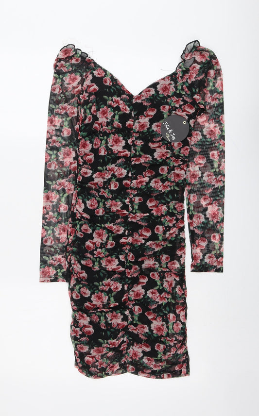 Jolie & Joy Womens Black Floral Polyester Bodycon Size S V-Neck Pullover