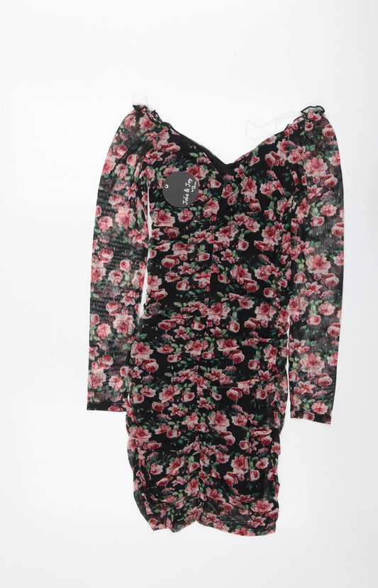 Jolie & Joy Womens Black Floral Polyester Bodycon Size S V-Neck Pullover