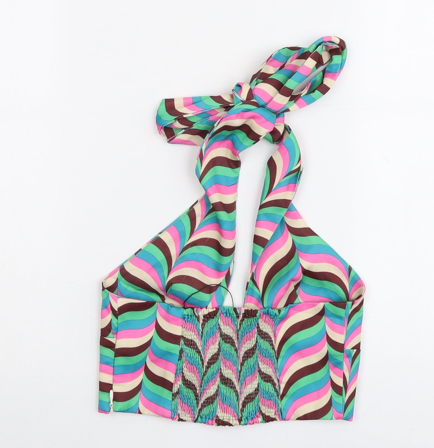 Zara Womens Multicoloured Geometric Polyester Cropped Tank Size S Halter - Shirred Back
