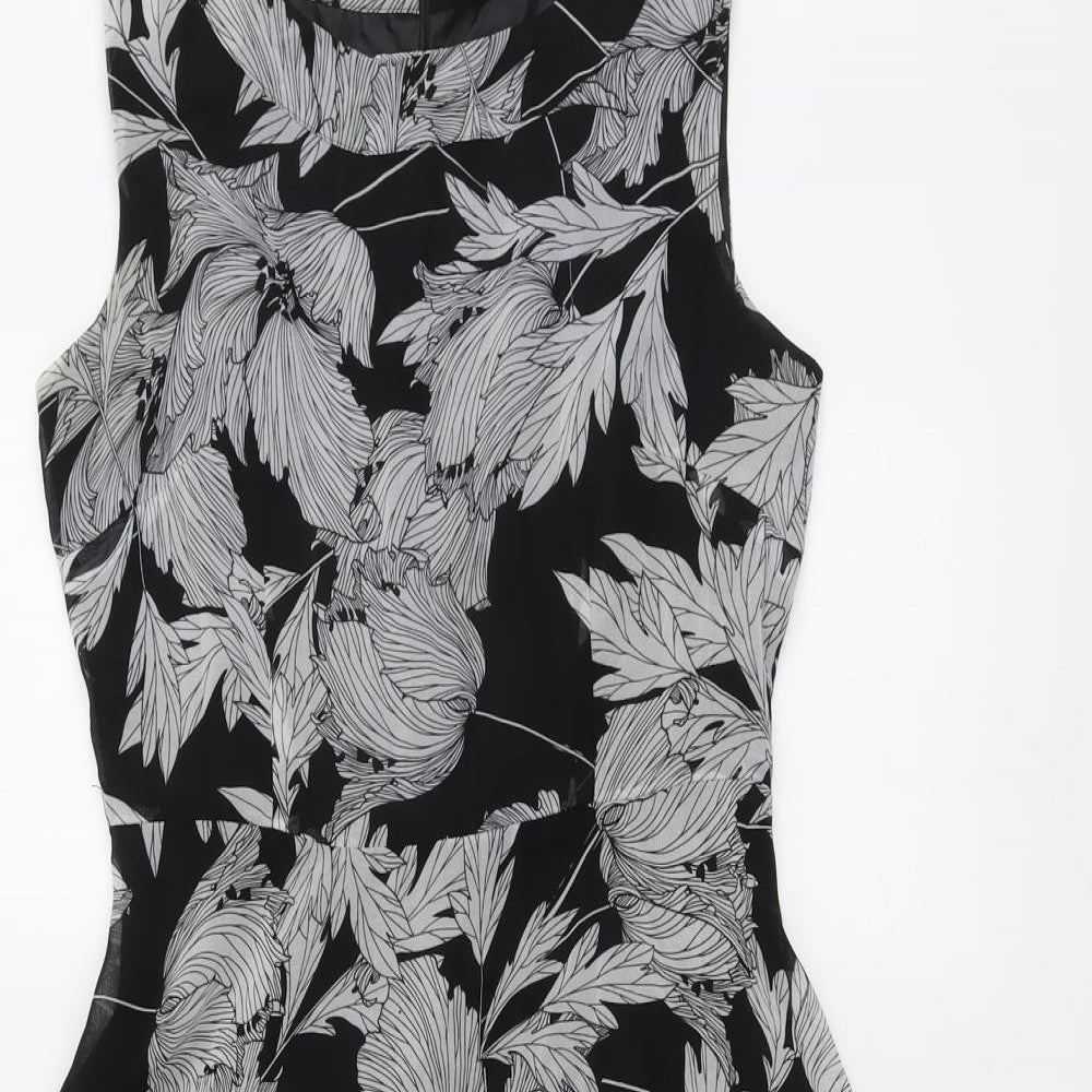 Wallis Womens Black Floral Polyester Fit & Flare Size 8 Round Neck Zip