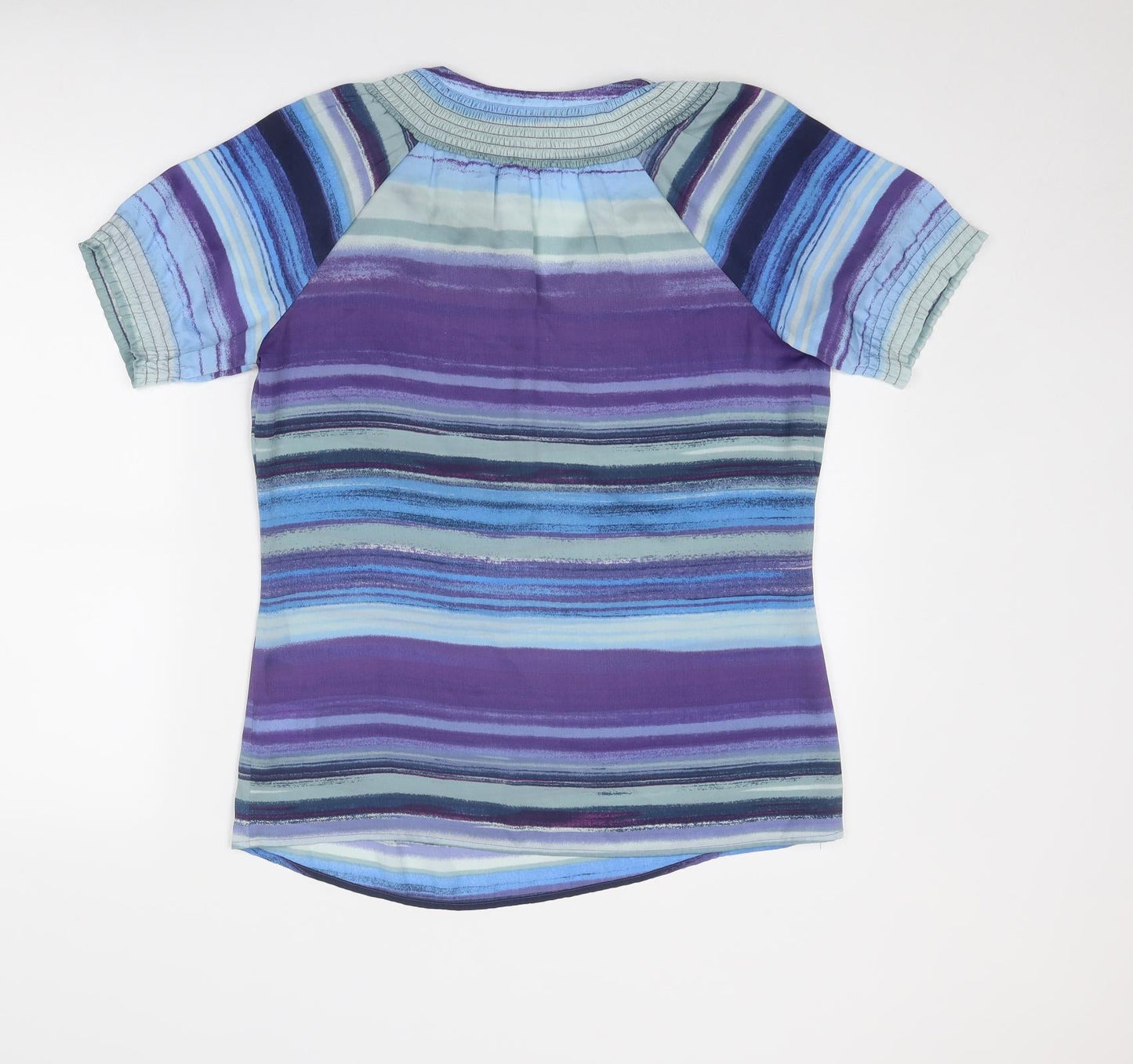Gharani Strok Womens Blue Striped Polyester Basic T-Shirt Size L V-Neck