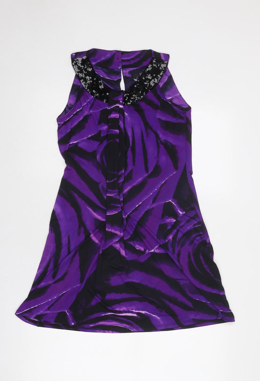 Debenhams Womens Purple Geometric Polyester A-Line Size 8 Round Neck Button