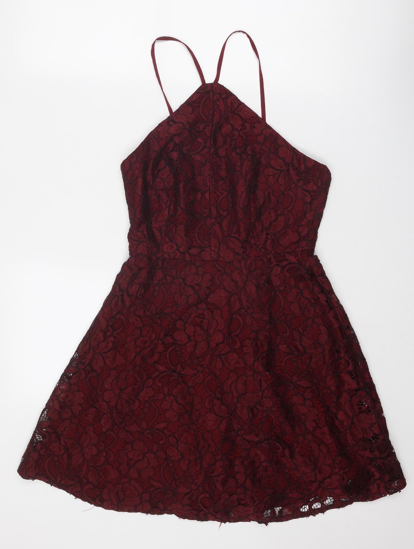 New Look Womens Red Floral Nylon Fit & Flare Size 10 V-Neck Zip