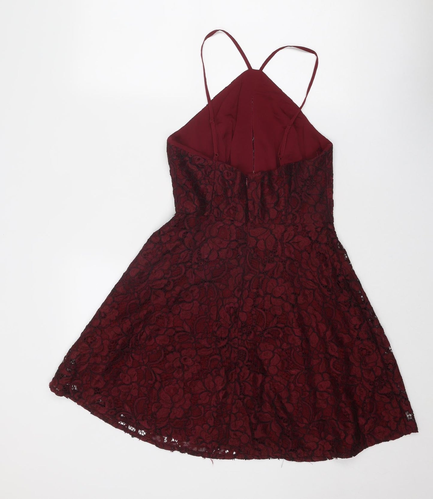 New Look Womens Red Floral Nylon Fit & Flare Size 10 V-Neck Zip