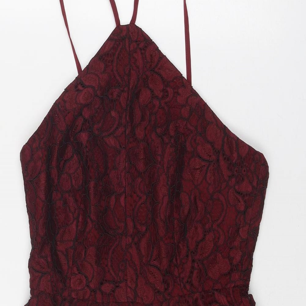 New Look Womens Red Floral Nylon Fit & Flare Size 10 V-Neck Zip