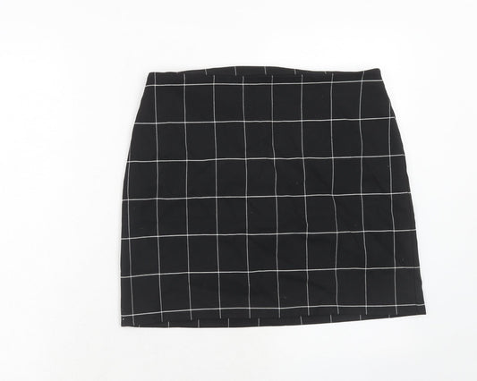 H&M Womens Black Check Polyester A-Line Skirt Size 14 Zip