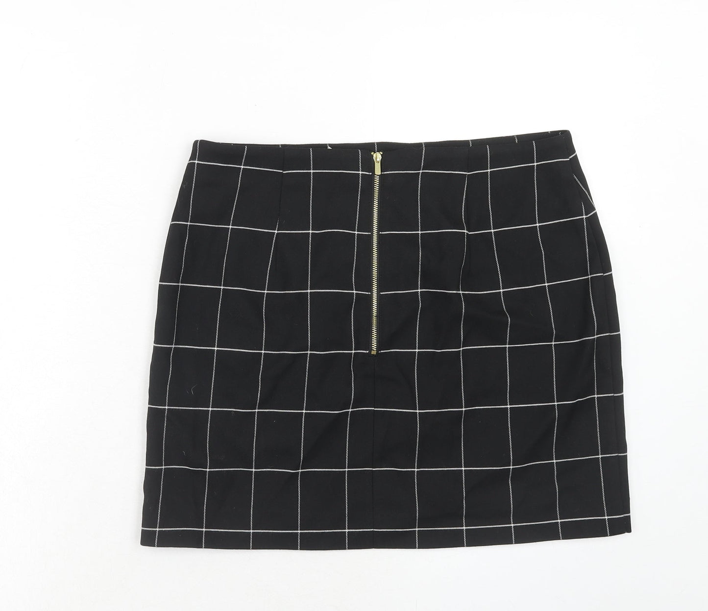 H&M Womens Black Check Polyester A-Line Skirt Size 14 Zip