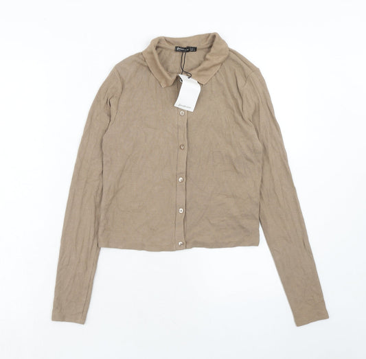 Stradivarius Womens Brown Viscose Basic Button-Up Size L Collared - Ribbed