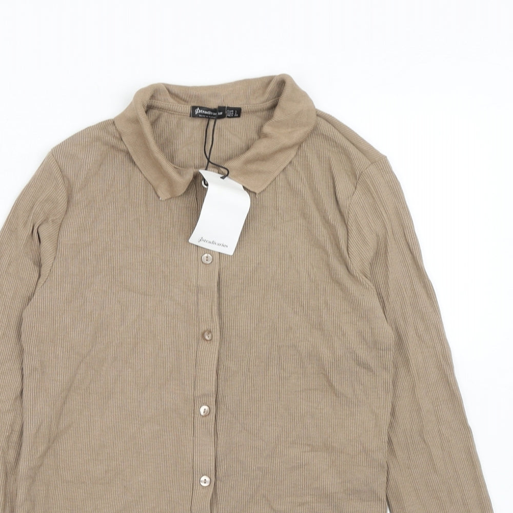 Stradivarius Womens Brown Viscose Basic Button-Up Size L Collared - Ribbed