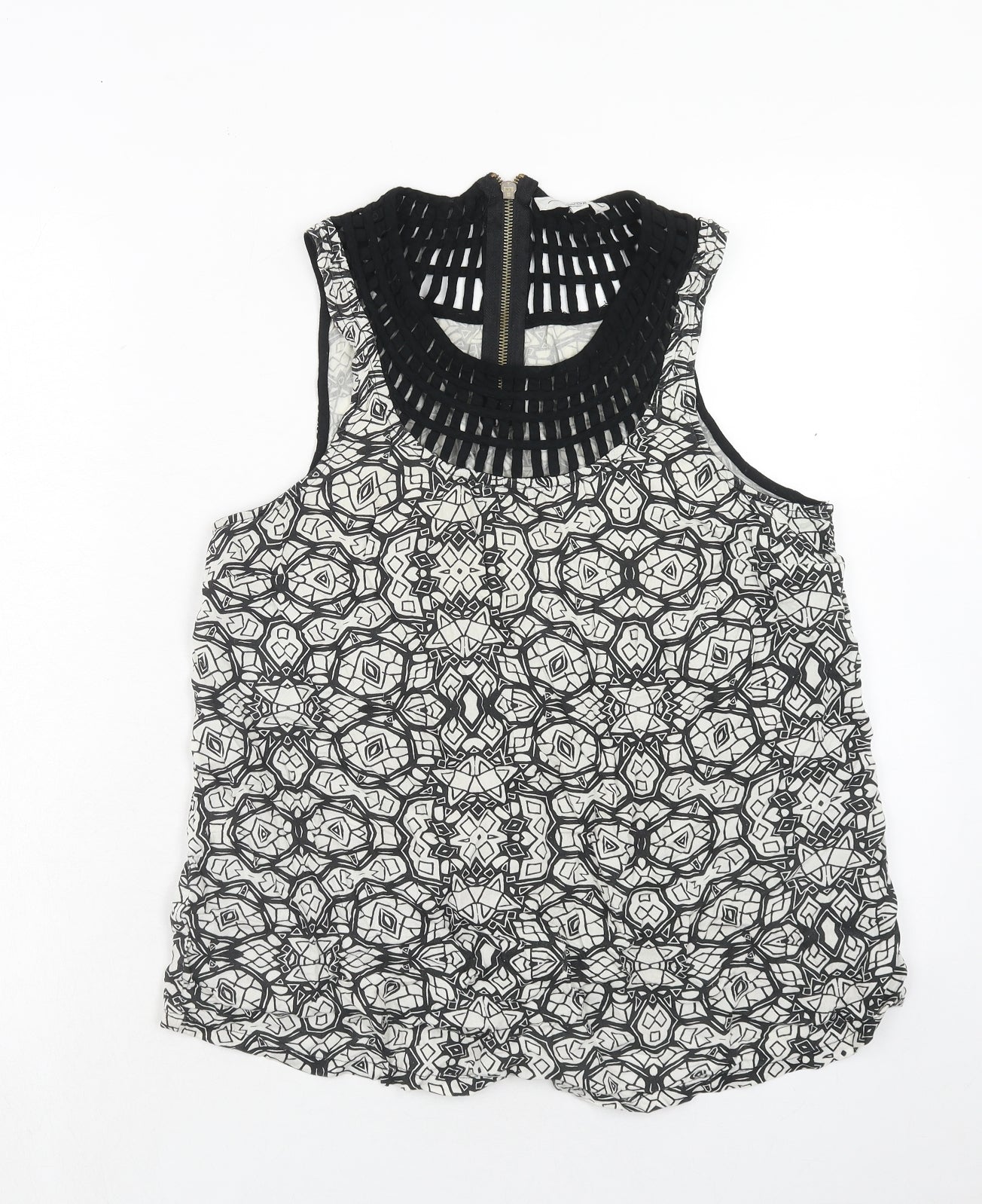 New Look Womens Black Geometric Viscose Basic Blouse Size 14 Round Neck - Neckline Detail