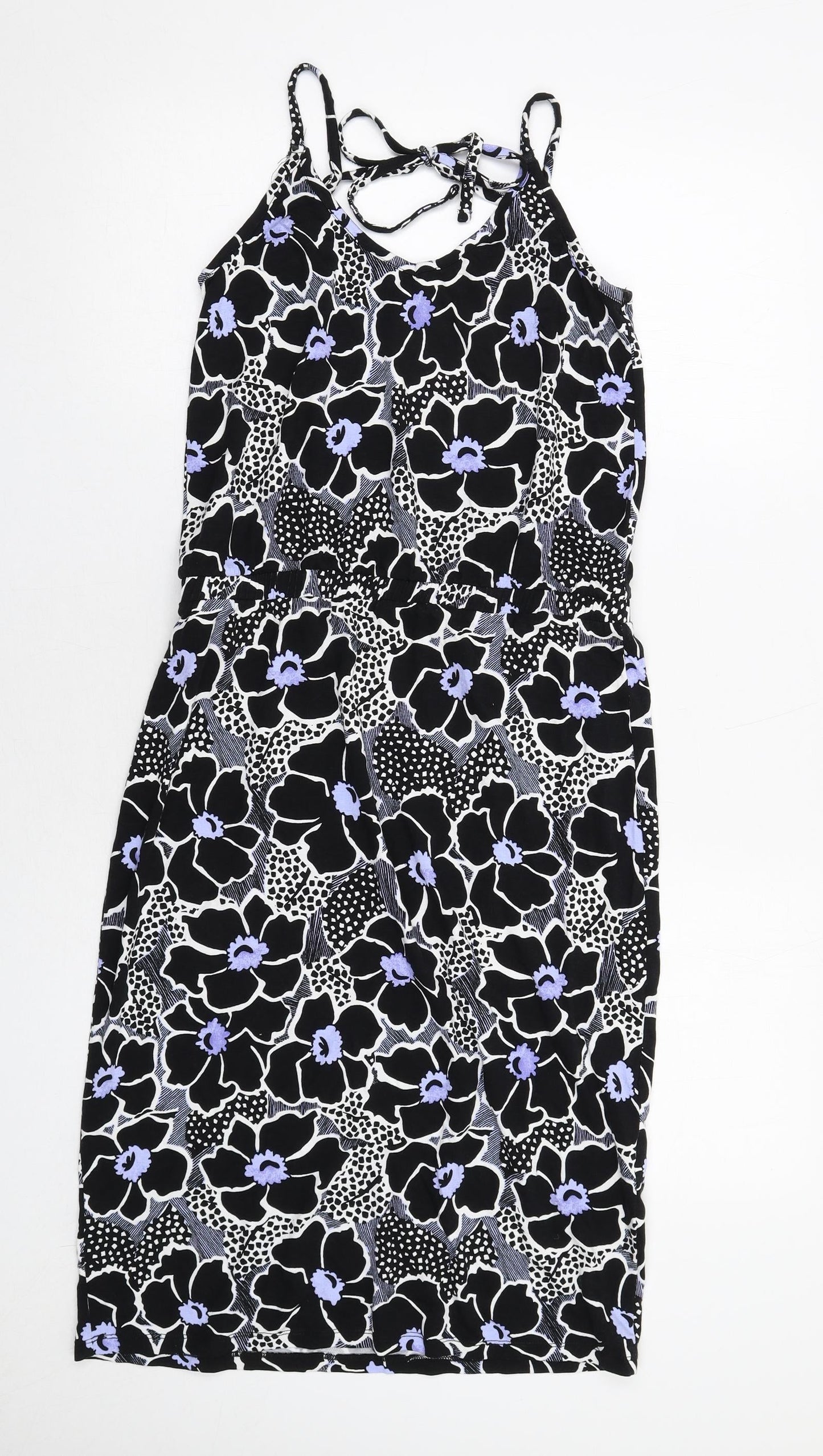 Warehouse Womens Black Floral Viscose Tank Dress Size 10 Round Neck Pullover