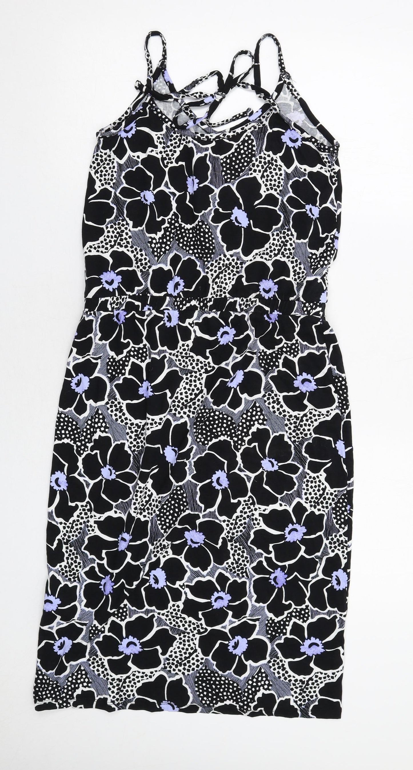 Warehouse Womens Black Floral Viscose Tank Dress Size 10 Round Neck Pullover