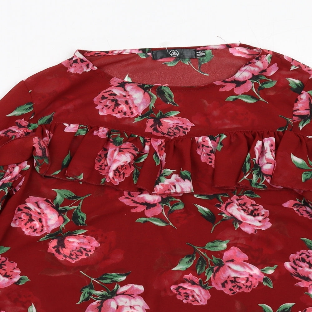 Missguided Womens Red Floral Polyester Basic Blouse Size 6 Round Neck