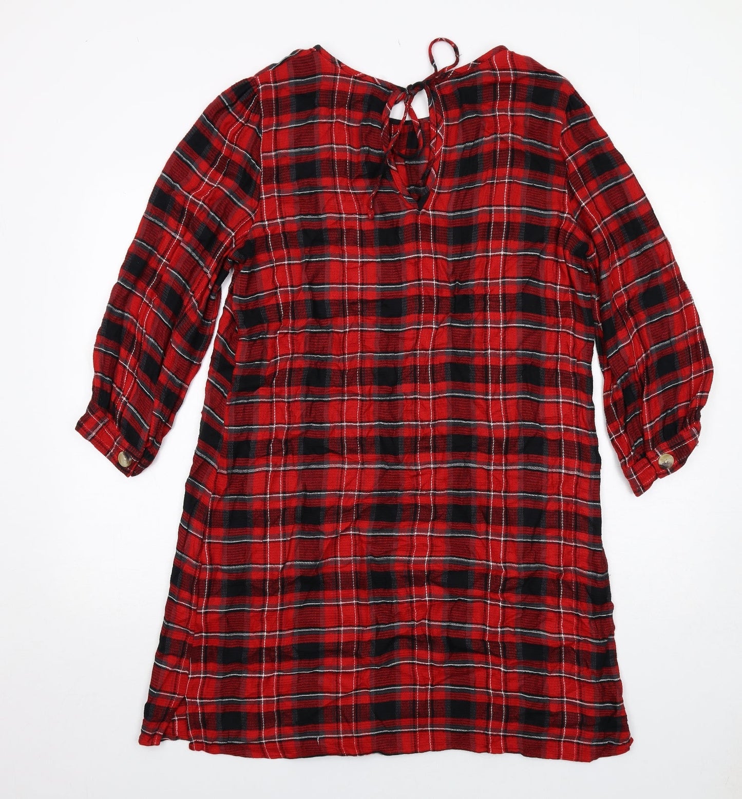 Zara Womens Red Plaid Viscose A-Line Size 14 Round Neck Tie