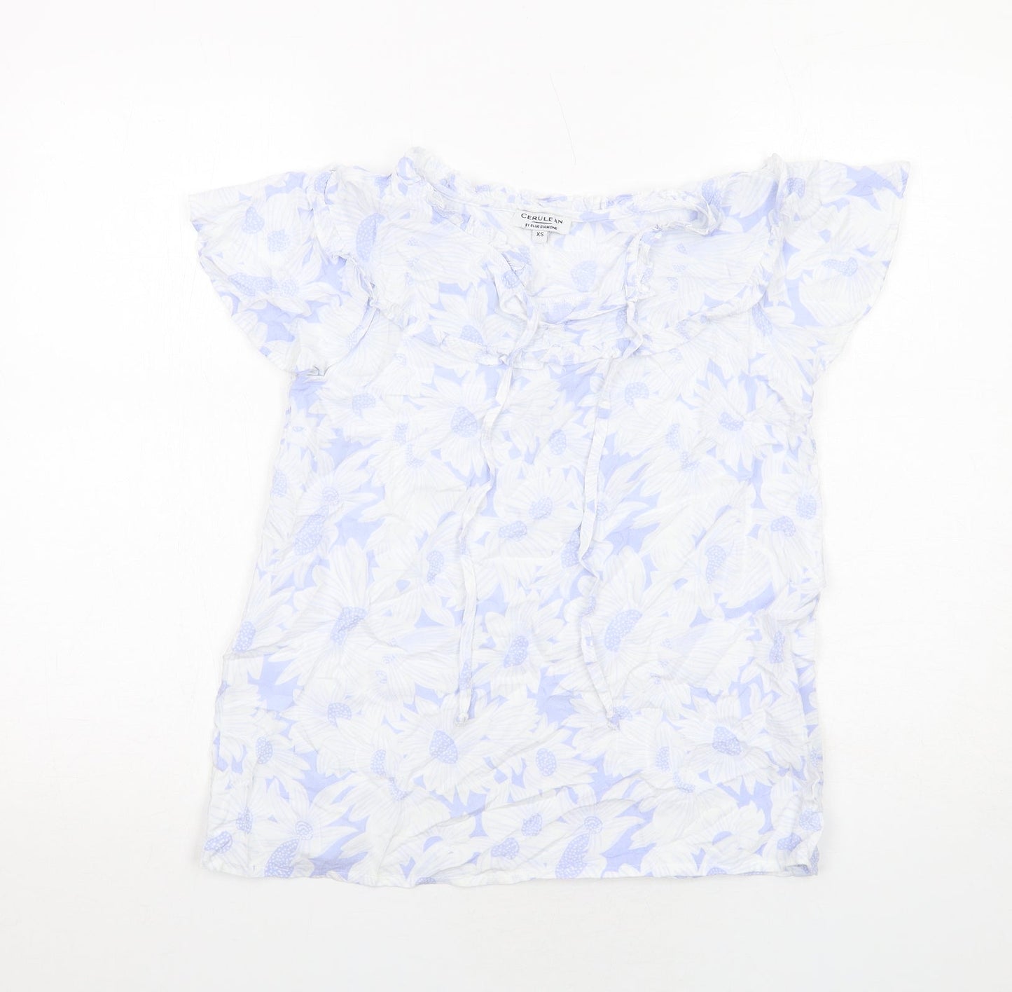 Cerulean Womens Blue Floral Viscose Basic Blouse Size XS Round Neck