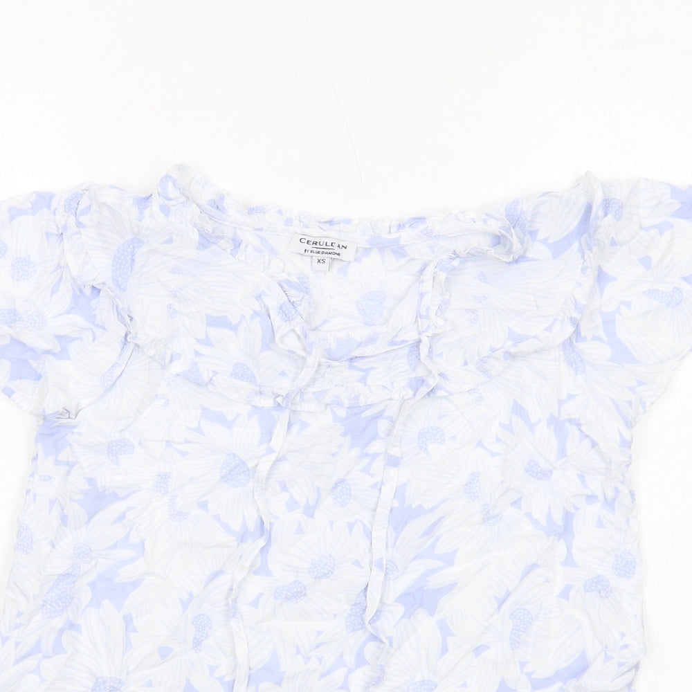 Cerulean Womens Blue Floral Viscose Basic Blouse Size XS Round Neck