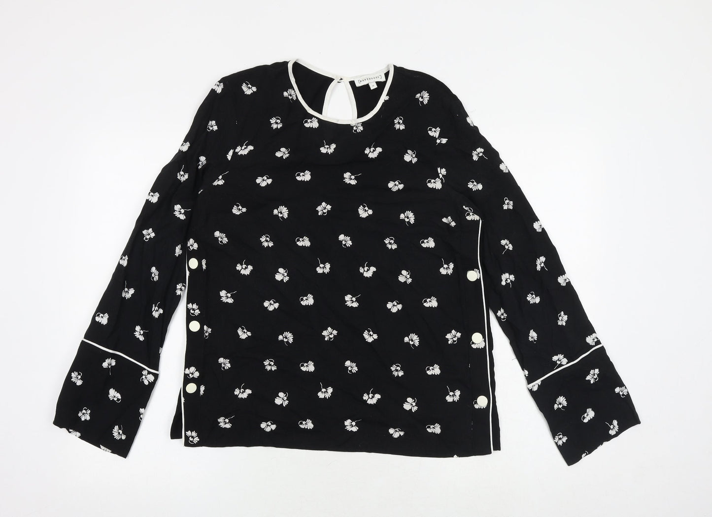 Warehouse Womens Black Floral Viscose Basic Blouse Size 10 Round Neck