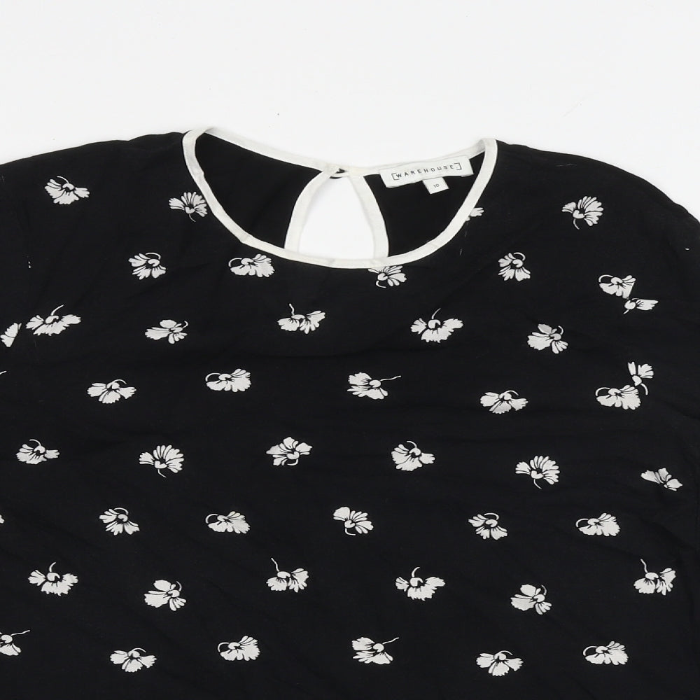 Warehouse Womens Black Floral Viscose Basic Blouse Size 10 Round Neck