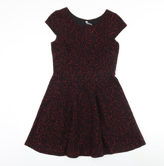 Henry Holland Womens Red Geometric Acrylic Fit & Flare Size 10 Boat Neck Zip - Cap Sleeve